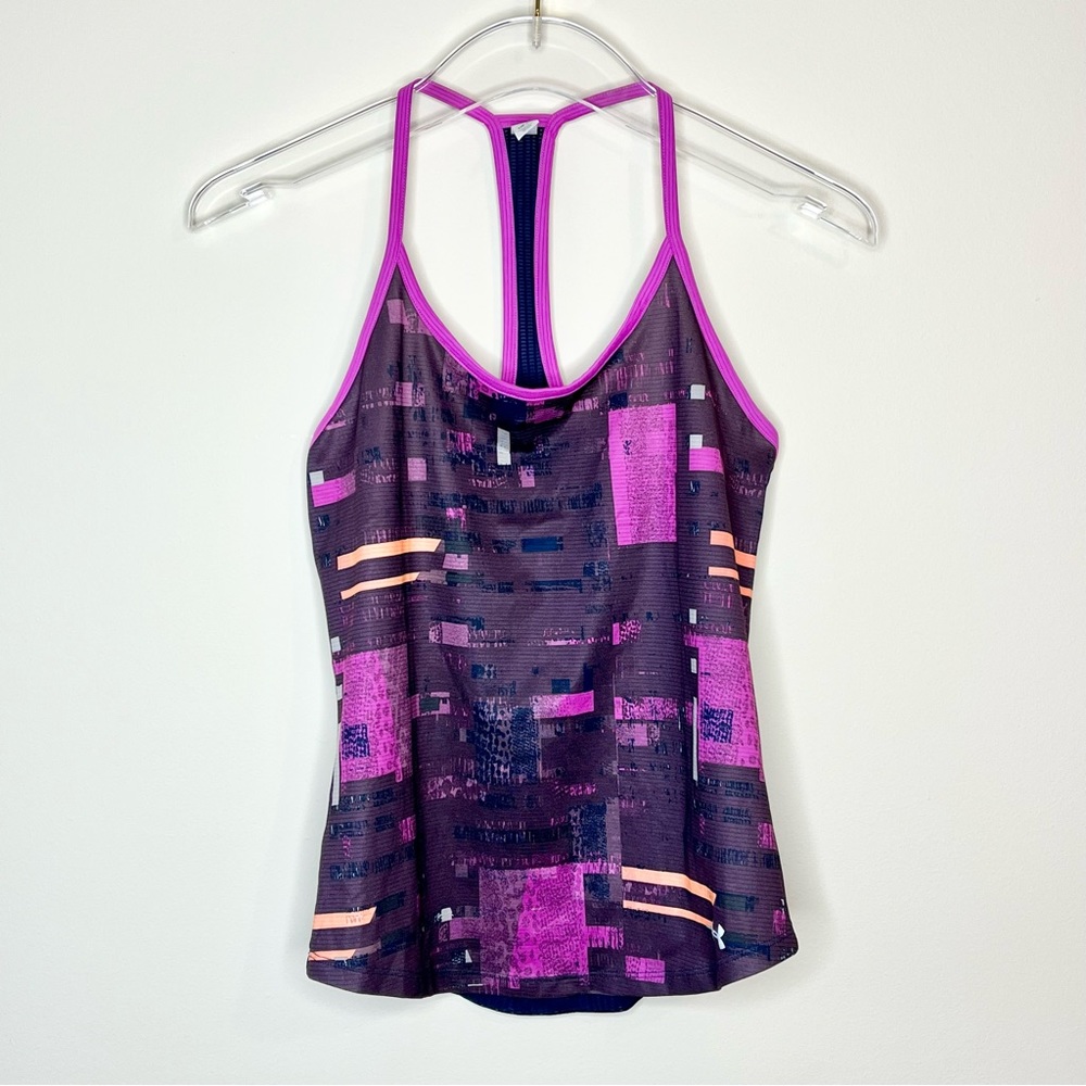 Under Armour Purple Navy Blue Geometric Print Mesh Back Racerback Tank Size XS